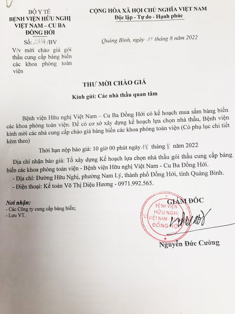 Thư Mời Chào Giá Cung Cấp Bảng Biển Các Khoa Phòng Toàn Viện