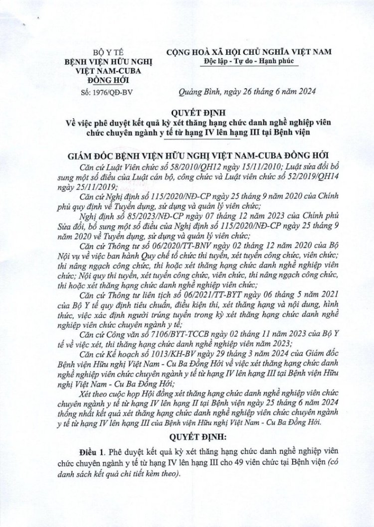 Thông Báo Quyết Định Về Việc Phê Duyệt Kết Quả Kỳ Xét Thăng Hạng Chức Danh Nghề Nghiệp Viên Chức Chuyên Ngành Y Tế Từ Hạng Iv Lên Hạng Iii Tại Bệnh Viện